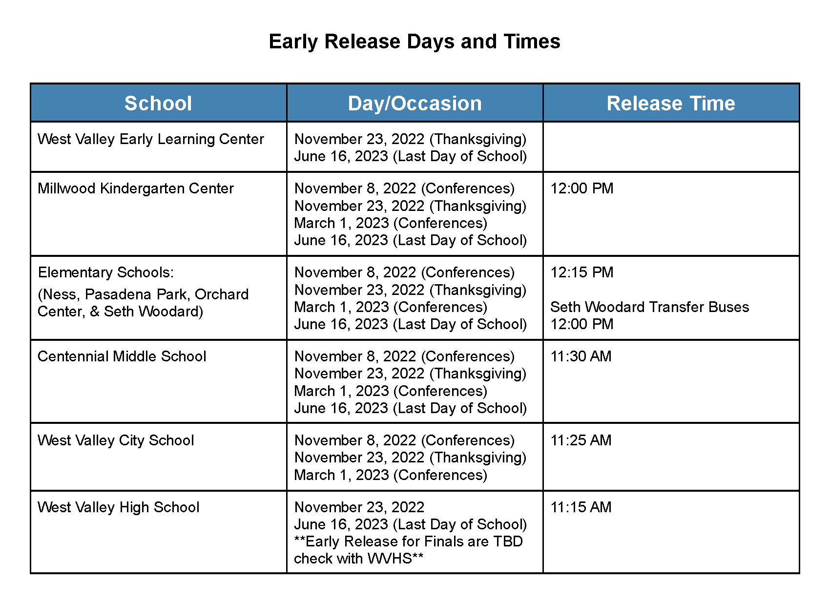 WVSD early release times